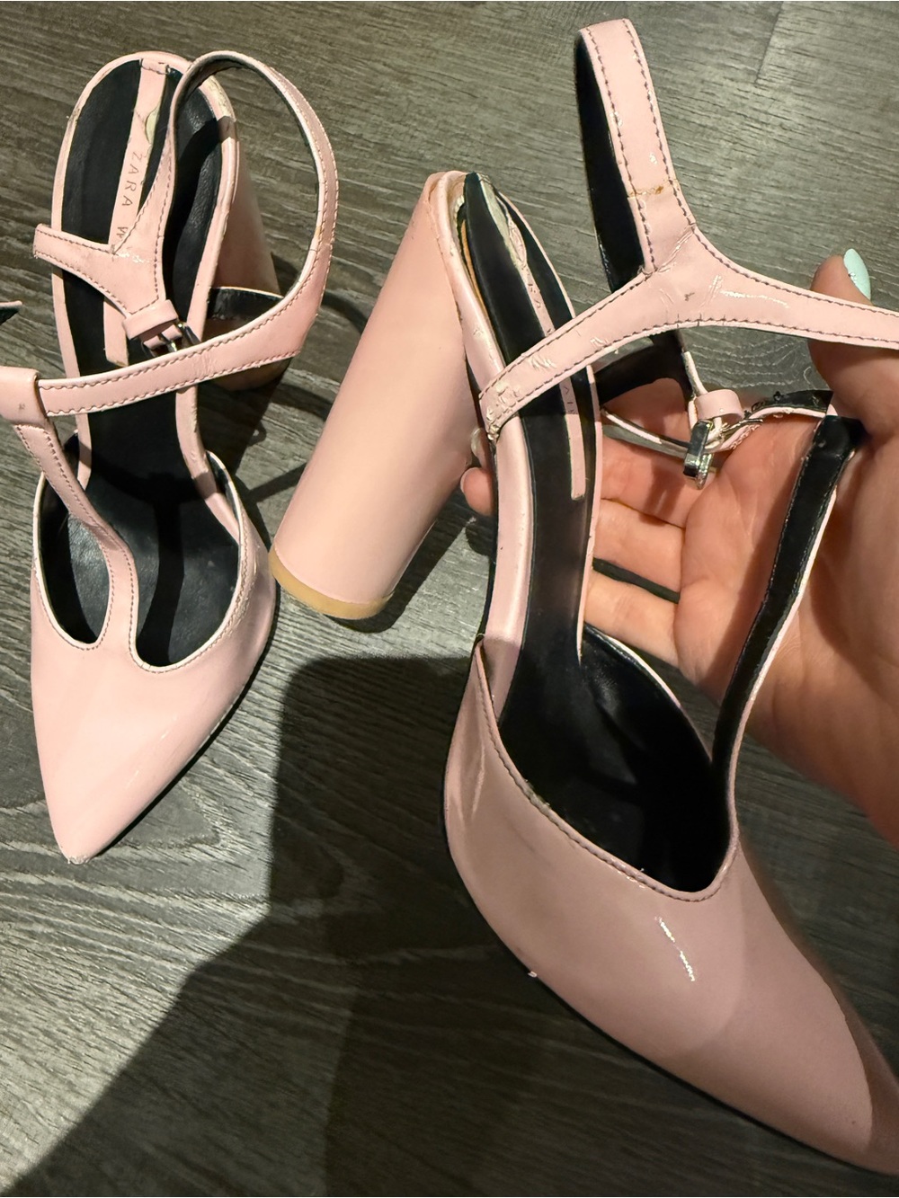 ZARA Glossy Light Pink T-Strap Pointed Block Heels - Picture 2 of 6